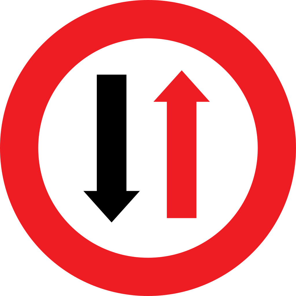 Road narrowing, give way to oncoming drivers.