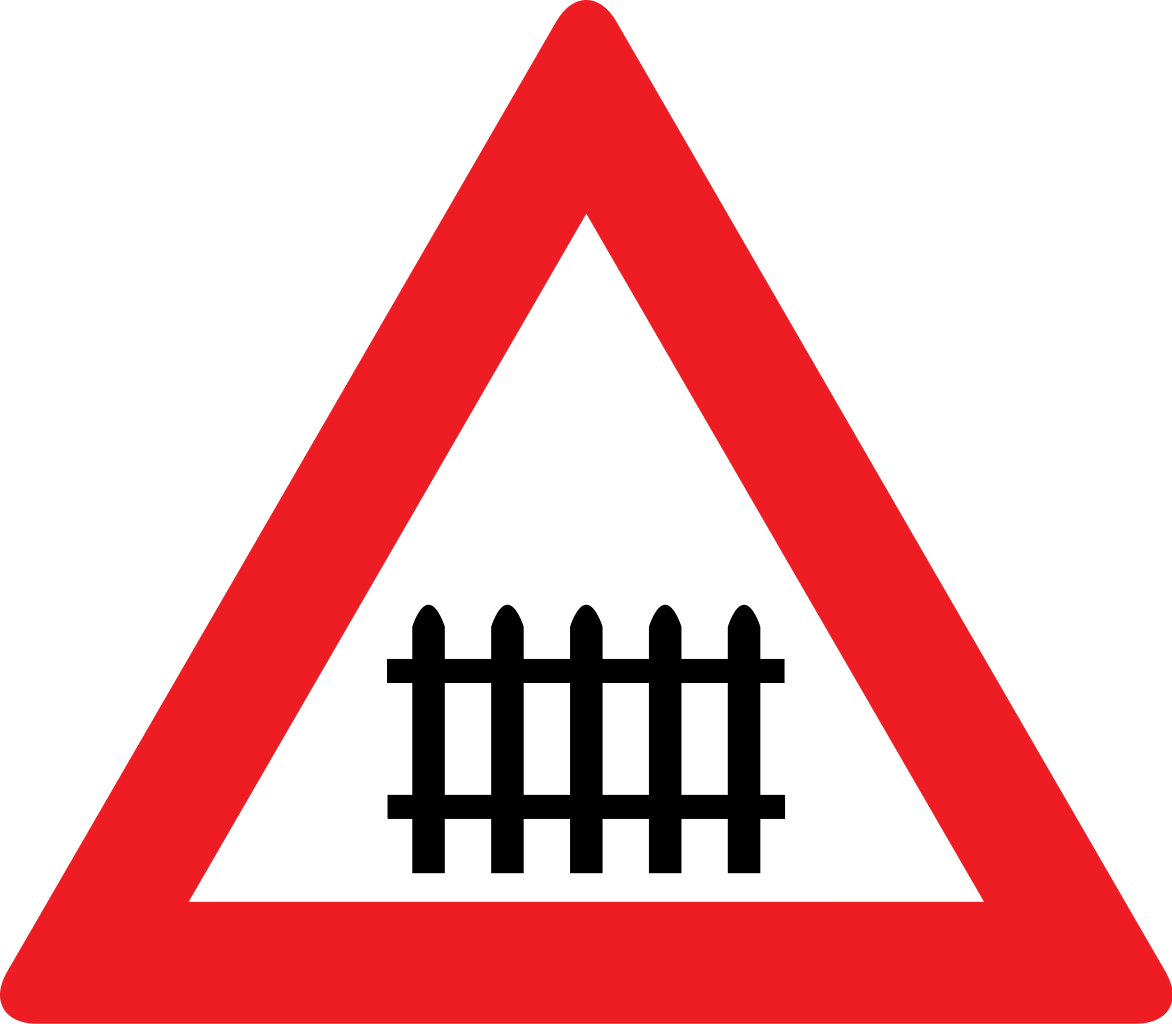 Warning for a railway crossing with barriers.