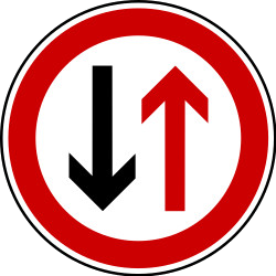 Road narrowing, give way to oncoming drivers.