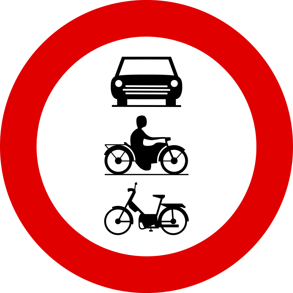 Mopeds, Motorräder und Pkw verboten.