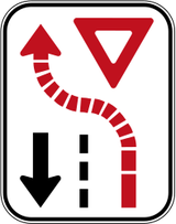 Road narrowing, give way to oncoming drivers.