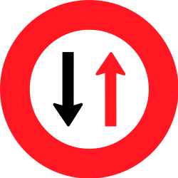 Fahrbahnverengung, Gegenverkehr Vorfahrt gewähren.