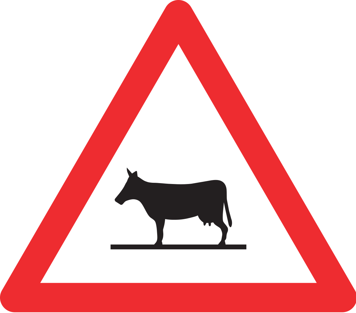 Warnung vor Rindern auf der Fahrbahn.