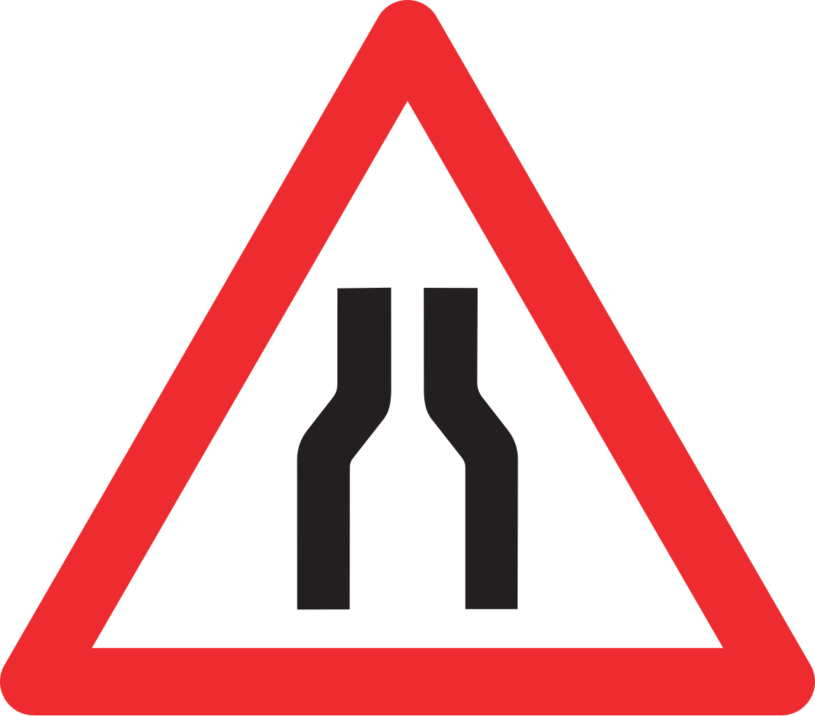 Warnung vor Fahrbahnverengung.