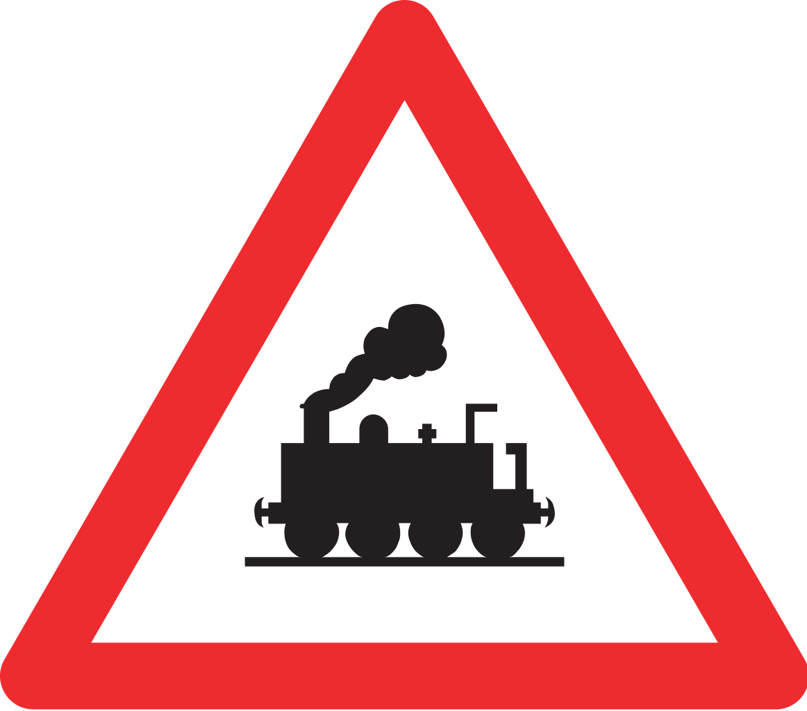 Warnung vor Bahnübergang ohne Schranken.