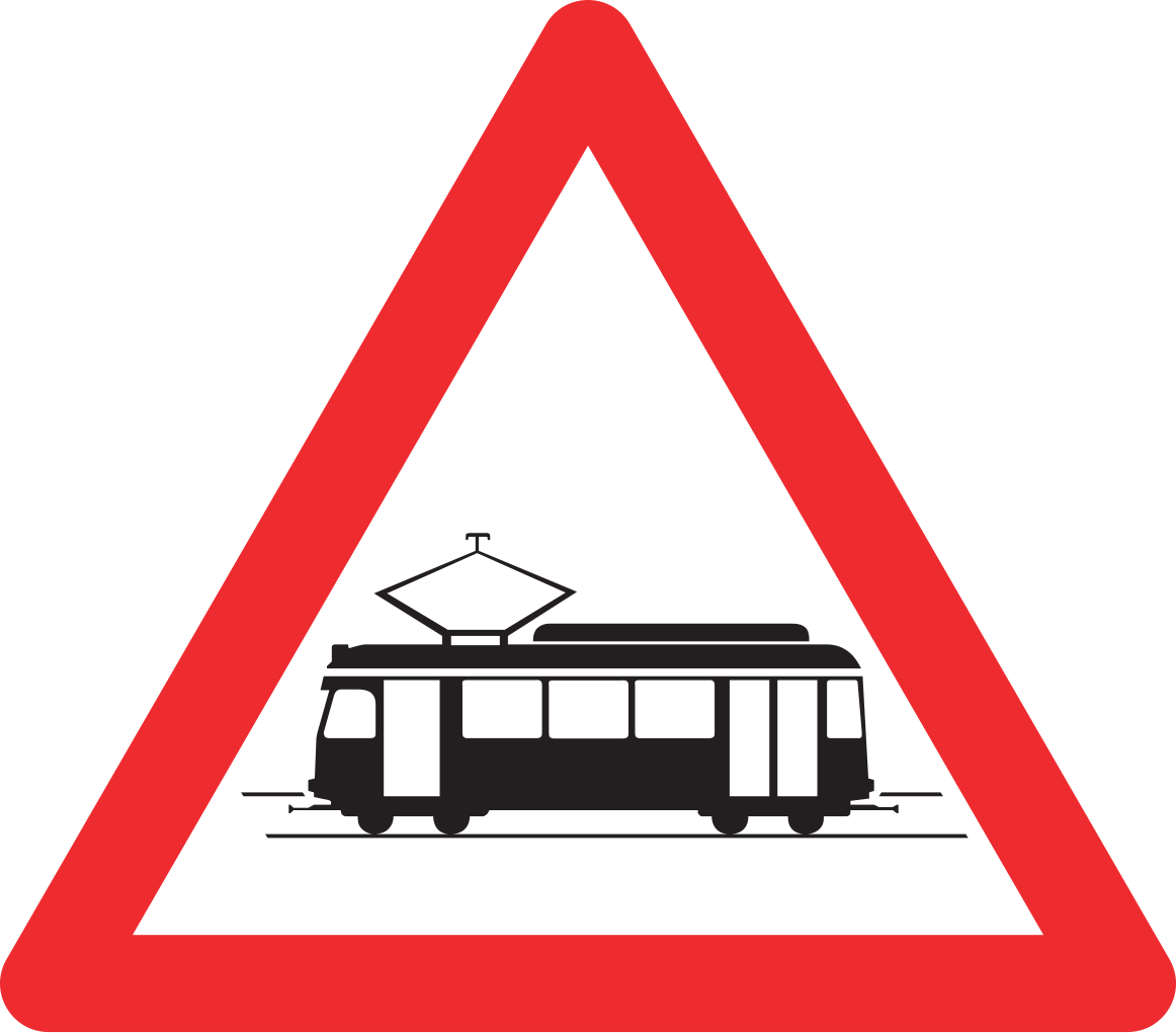 Warnung vor Straßenbahnen.
