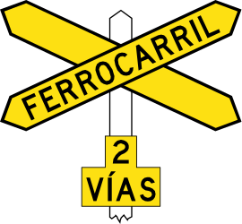 Warning for a railway crossing with two or more tracks.