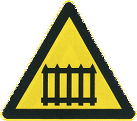 Warning for a railway crossing with barriers.