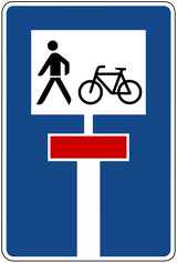 Dead end street with a passage for pedestrians and cyclists.
