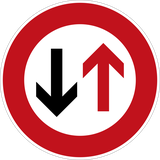 Road narrowing, give way to oncoming drivers.