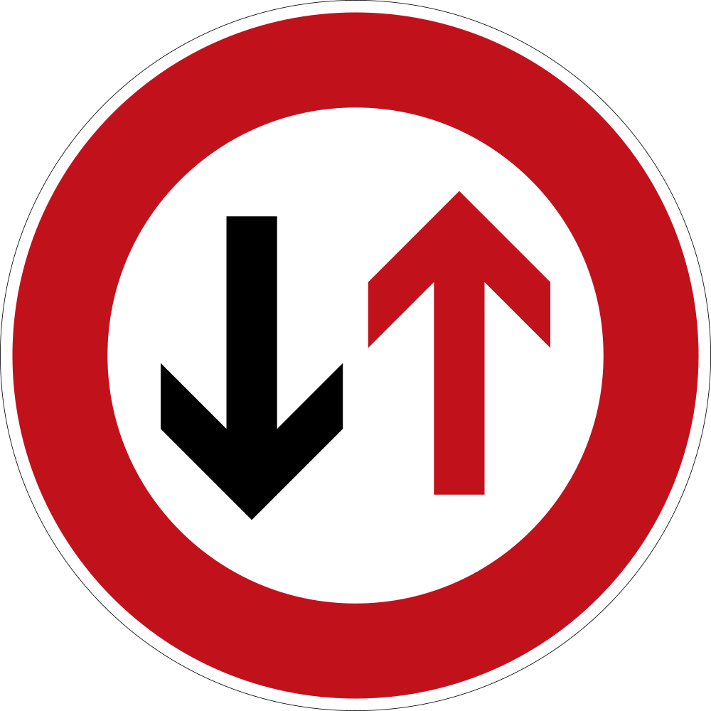 Road narrowing, give way to oncoming drivers.