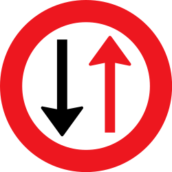 Fahrbahnverengung, Gegenverkehr Vorfahrt gewähren.