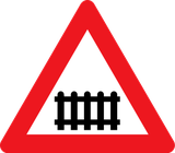 Warning for a railway crossing with barriers.
