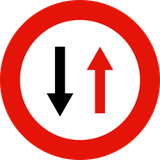 Road narrowing, give way to oncoming drivers.