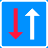 Road narrowing, oncoming drivers have to give way.