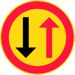 Road narrowing, give way to oncoming drivers.