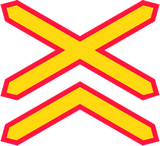 Warning for a railway crossing with two or more tracks.