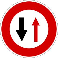 Fahrbahnverengung, Gegenverkehr Vorfahrt gewähren.