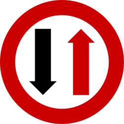 Road narrowing, give way to oncoming drivers.