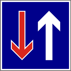 Fahrbahnverengung, Gegenverkehr muss warten.