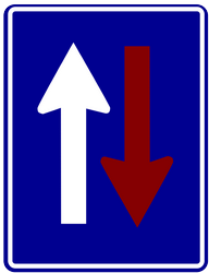 Road narrowing, oncoming drivers have to give way.