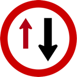 Fahrbahnverengung, Gegenverkehr Vorfahrt gewähren.