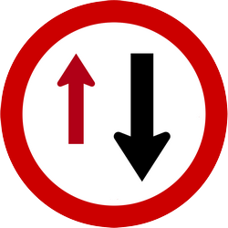 Road narrowing, give way to oncoming drivers.