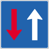 Road narrowing, oncoming drivers have to give way.