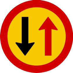 Road narrowing, give way to oncoming drivers.
