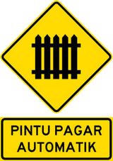 Warning for a railway crossing with barriers.