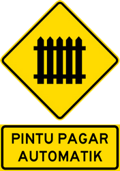 Warning for a railway crossing with barriers.