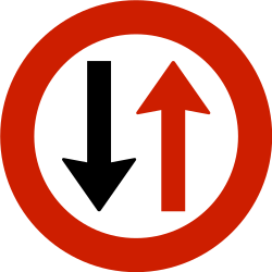 Fahrbahnverengung, Gegenverkehr Vorfahrt gewähren.
