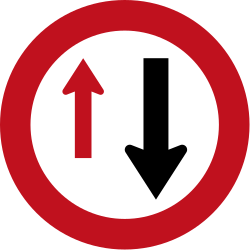 Fahrbahnverengung, Gegenverkehr Vorfahrt gewähren.