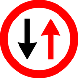 Road narrowing, give way to oncoming drivers.