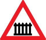 Warning for a railway crossing with barriers.