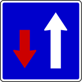 Road narrowing, oncoming drivers have to give way.