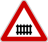 Warning for a railway crossing with barriers.