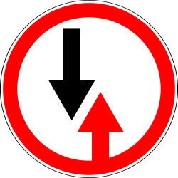Fahrbahnverengung, Gegenverkehr Vorfahrt gewähren.