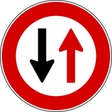 Road narrowing, give way to oncoming drivers.