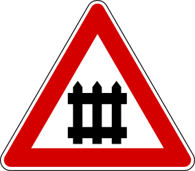 Warning for a railway crossing with barriers.