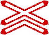 Warning for a railway crossing with two or more tracks.