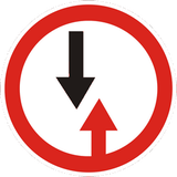 Road narrowing, give way to oncoming drivers.