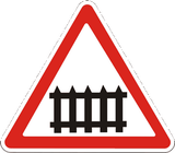 Warning for a railway crossing with barriers.