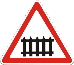 Warning for a railway crossing with barriers.