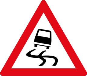 Warnung vor rutschiger Fahrbahn.